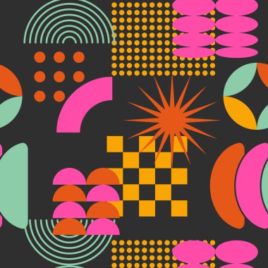 Bauhaus tarzı şekil, şekil, daire ve çizgilerle soyut basit geometrik kusursuz desen. Canlı grunge geometri gaddarlığı 2000 'lerin baskısı. Modern kolaj vektör illüstrasyonu.