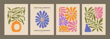 Soyut desenli, çiçek ve yapraklı estetik posterler. Basit düzensiz yabani bitkiler. Duvar sanatı ve iç dekorasyon için naif baskılar. Boho yaz çizimleri.