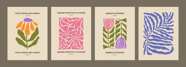Модные Эстетические Плакаты Абстрактной Ухоженной Цветочной Формой Цветами Листьями Простые — стоковый вектор
