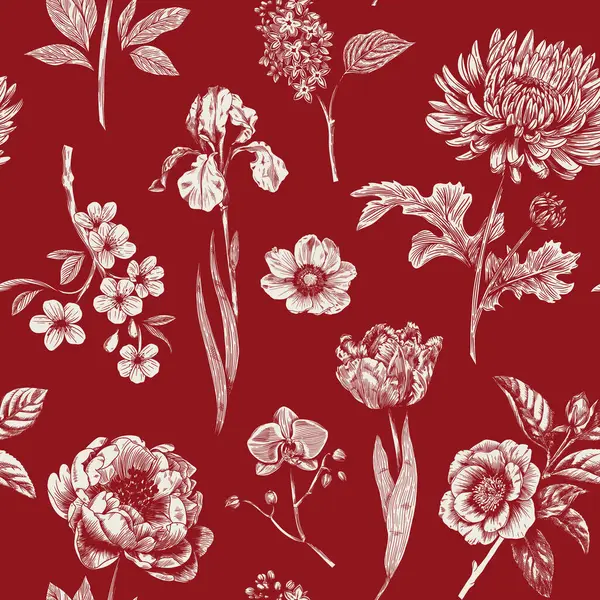 Kreative Nahtlose Blumenmuster Mit Verschiedenen Blumen Auf Rotem Hintergrund Stockvektor