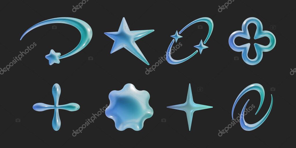Set of Y2k geometric 3D render holographic shapes trendy retro futuristic design elements, infographic shapes. Modern concept with symbols and objects, star, heart Vector illustration for UI and UX.
