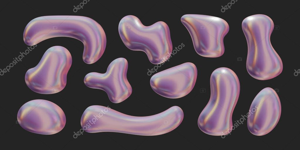 Set of Y2k geometric 3D render holographic shapes trendy retro futuristic design elements, infographic shapes. Modern concept with symbols and objects, star, heart Vector illustration for UI and UX.