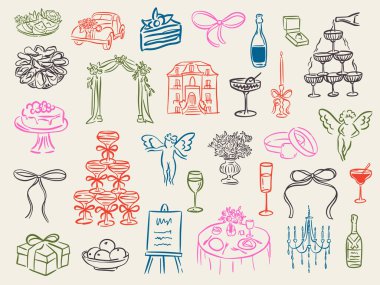 Modaya uygun bir şekilde el yapımı düğün yemeği ve içki illüstrasyonu seti. Tuhaf bir düğün tatili için mükemmel, akşam yemeği ve bar menüsü, bekarlığa veda partisi, doğum günü davetiyesi, işaret.