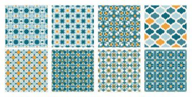 Soyut Fas baskılı mavi ve altın renkli Arapça geometrik dikişsiz mozaik desenler. Ramazan Kareem Geleneksel İslami Sanat İllüstrasyon geçmişi.