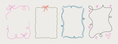 Bir dizi zarif el yapımı pembe turuncu yeşil renkli çerçeveler dalgalı kıvrımlı kıvrımlı kıvrımlı kurdeleler ve modaya uygun klasik tarzlar. Tuhaf bir tatil, düğün, doğum günü hediyesi süslemeleri için mükemmel..