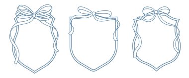 Beyaz arka planda düğün armaları. Kurdeleli ve fiyonklu bir kalkanın minimalist çizgisi. Düğün için satır sanatı, monogram, davetiye, selamlama, logo, doğum günü kartları.