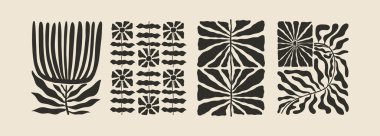 Soyut desenli, çiçek ve yapraklı estetik posterler. Basit düzensiz yabani bitkiler. Duvar sanatı için siyah ve beyaz naif acayip baskılar. Boho yaz çizimleri.