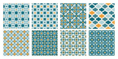 Soyut Fas baskılı mavi ve altın renkli Arapça geometrik dikişsiz mozaik desenler. Ramazan Kareem Geleneksel İslami Sanat İllüstrasyon geçmişi.