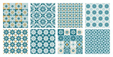 Soyut Fas baskılı mavi ve altın renkli Arapça geometrik dikişsiz mozaik desenler. Ramazan Kareem Geleneksel İslami Sanat İllüstrasyon geçmişi.