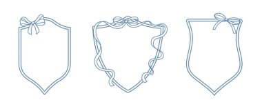 Beyaz arka planda düğün armaları. Kurdeleli ve fiyonklu bir kalkanın minimalist çizgisi. Düğün için satır sanatı, monogram, davetiye, selamlama, logo, doğum günü kartları.