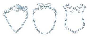 Beyaz arka planda düğün armaları. Kurdeleli ve fiyonklu bir kalkanın minimalist çizgisi. Düğün için satır sanatı, monogram, davetiye, selamlama, logo, doğum günü kartları.