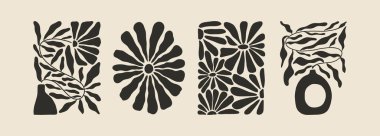 Soyut desenli, çiçek ve yapraklı estetik posterler. Basit düzensiz yabani bitkiler. Duvar sanatı için siyah ve beyaz naif acayip baskılar. Boho yaz çizimleri.