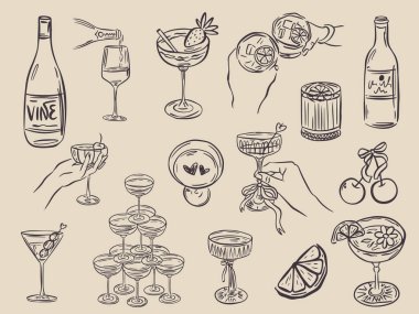 Garip el yapımı bar menüsü çizimleri modaya uygun kaprisli bir tarzda. Tuhaf İtalyan düğün tatili için mükemmel karalama, poster, yemek ve bar menüsü, bekarlığa veda partisi, doğum günü davetiyesi, işaret.