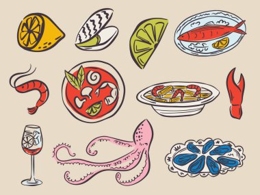 Kaprisli el, modaya uygun olarak deniz ürünleri resimlerini çizdi. Tuhaf İtalyan düğün tatili için mükemmel karalama, poster, yemek ve bar menüsü, bekarlığa veda partisi, doğum günü davetiyesi, işaret.