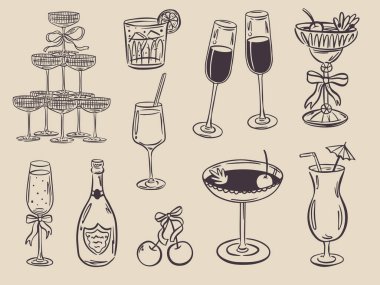 Garip el yapımı bar menüsü çizimleri modaya uygun kaprisli bir tarzda. Tuhaf İtalyan düğün tatili için mükemmel karalama, poster, yemek ve bar menüsü, bekarlığa veda partisi, doğum günü davetiyesi, işaret.