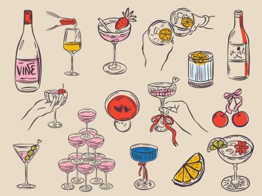 Garip el yapımı bar menüsü çizimleri modaya uygun kaprisli bir tarzda. Tuhaf İtalyan düğün tatili için mükemmel karalama, poster, yemek ve bar menüsü, bekarlığa veda partisi, doğum günü davetiyesi, işaret.