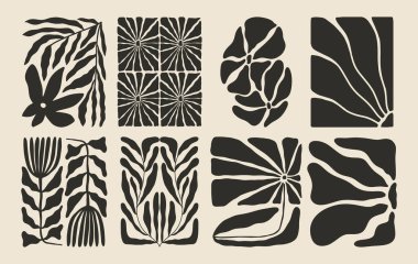 Soyut desenli, çiçek ve yapraklı estetik posterler. Basit düzensiz yabani bitkiler. Duvar sanatı için siyah ve beyaz naif acayip baskılar. Boho yaz çizimleri.