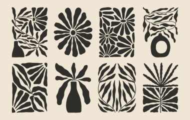 Soyut desenli, çiçek ve yapraklı estetik posterler. Basit düzensiz yabani bitkiler. Duvar sanatı için siyah ve beyaz naif acayip baskılar. Boho yaz çizimleri.