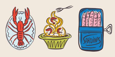 Kaprisli el, modaya uygun olarak deniz ürünleri resimlerini çizdi. Tuhaf İtalyan düğün tatili için mükemmel karalama, poster, yemek ve bar menüsü, bekarlığa veda partisi, doğum günü davetiyesi, işaret.