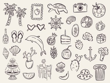 Moda el çizimi tarzında kaprisli el çizimleri. Tuhaf İtalyan düğün posteri, yemek ve bar menüsü, bekarlığa veda partisi, doğum günü davetiyesi, imza için mükemmel bir karalama..