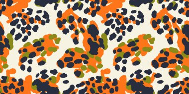 El çizimi hayvan derisi ve kürksüz desen, doğanın garip şekilleri, benekler, noktalar ve dokuları olan çizgiler. Canlı orman boho izi. Modern egzotik kolaj baskısı