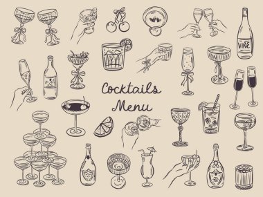 Garip el yapımı bar menüsü çizimleri modaya uygun kaprisli bir tarzda. Tuhaf İtalyan düğün tatili için mükemmel karalama, poster, yemek ve bar menüsü, bekarlığa veda partisi, doğum günü davetiyesi, işaret.