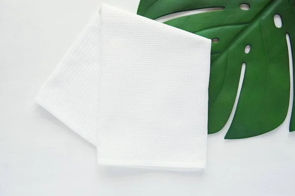 White Waffle Fabric Kitchen Towel Mockup Folded Blank Cotton Tea — стоковое фото