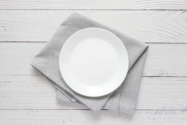 Empty White Plate Grey Napkin Top View Minimalist Style Composition Stockfoto
