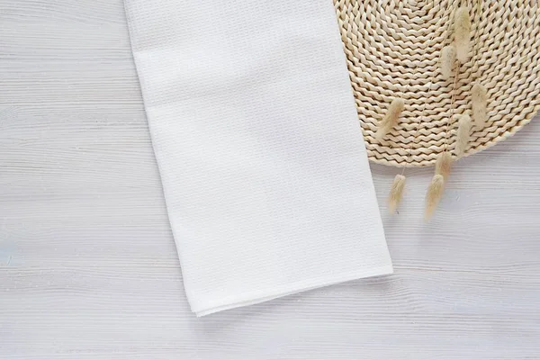 White Waffle Fabric Kitchen Towel Mockup Design Presentation Bohemian Style Stockbild