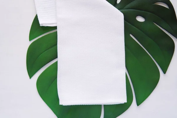 White Waffle Fabric Kitchen Towel Mockup Folded Blank Cotton Tea Stockfoto