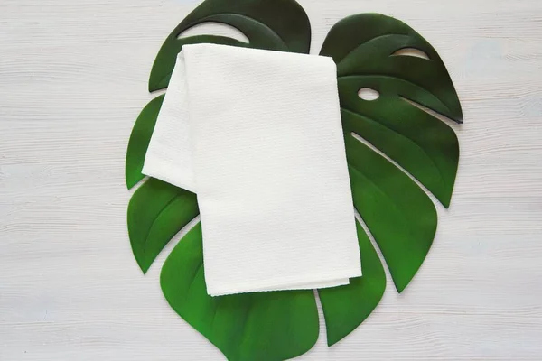 White Waffle Fabric Kitchen Towel Mockup Folded Blank Cotton Tea Royaltyfria Stockbilder