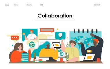 Vektör işleri iniş sayfası. Takım çalışması ve ortaklık kavramı. Bir grup insan birlikte çalışır, şirket ortağı işbirliği, yaratıcı proje fikri oluşturma ve illüstrasyon destekleme