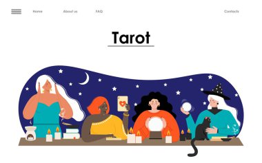 Tarot kartı çevrimiçi vektör çizimi. Falcı geleceği tahmin ediyor. Sihirli kahin kadın karakter kehanette bulunuyor, ruhani sihirli kristal küre ve taro servisi okuyor.