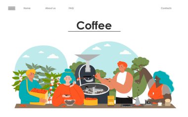 Kahve üretim çiftliği vektör iniş sayfası şablonu modeli. Kadın ve erkek çiftçi taze fasulye örneklerini topluyorlar. Arabica, robusta ve liberica ekimi ve üretimi
