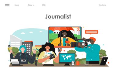 Gazeteci TV kitle iletişim haberleri düz vektör iniş sayfası yayınlıyor. İş yerinde mikrofonu ve kamerası olan bir muhabir. Profesyonel fotoğrafçı, röportajcı ve kameraman web servisi