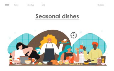 Mevsimlik ev yapımı yemek tarifi çevrimiçi servis düz vektör iniş sayfası şablonu. İnsanlar evde taze organik sağlıklı yemek hazırlayan karakterler.