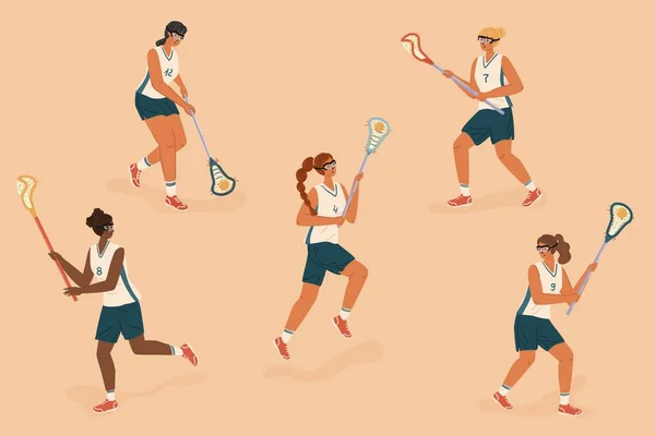 Womens Lacrosse Players Control Ball Characters Vector Set Female Lacrosse — Stock Vector