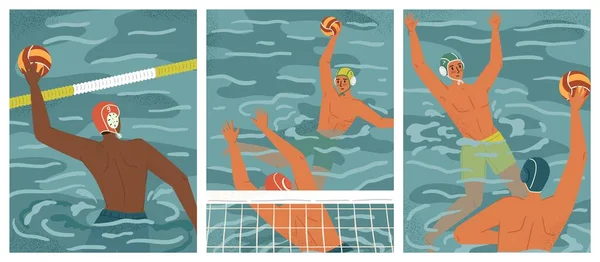 Water polo players in action vector posters set. Swimming and water sports concept. Water polo team play game in tournament.