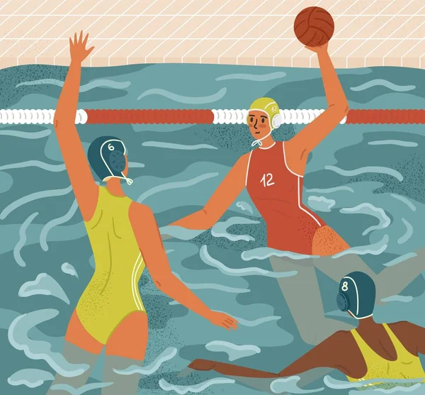 Water polo female players in action concept vector illustration. Womens swimming and water sports. Water polo team play game in tournament. Athlete attack goalkeeper with a ball.
