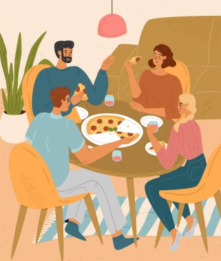 Pizzacı vektör illüstrasyonunda birlikte pizza yiyen mutlu arkadaşlar. Erkekler fast food yiyip, lokantada dinlenip, güzel sohbetler ediyorlar.