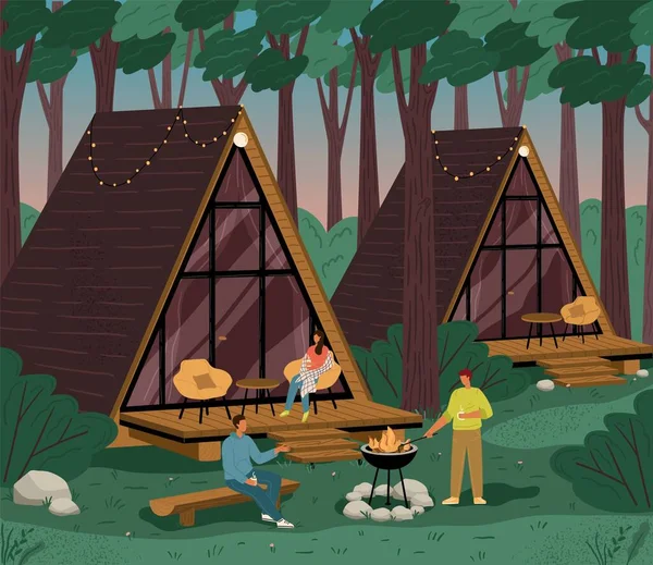 Glamping and camping in nature, vector poster with A-frame house. Luxury aframe house for recreation outdoors. Travel ourdoor and adventure concept.