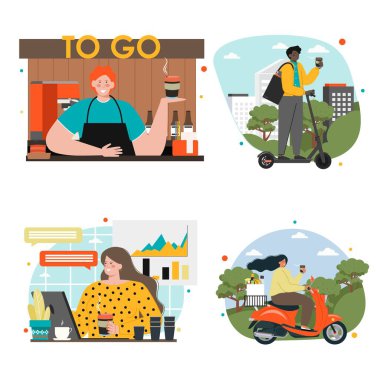 Coffee to go vector set. People walking with takeaway drink in disposable cardboard cups. Male and female characters morning refreshment. Barista making hot aroma beverage