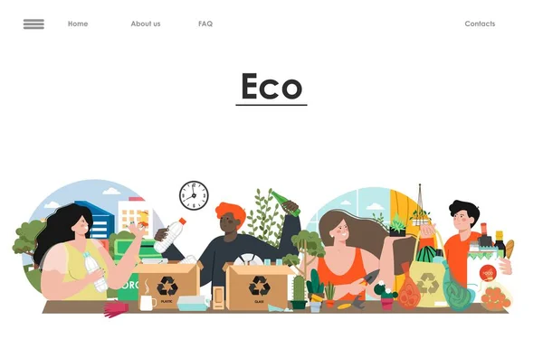 Eco Vector Landing Page Template People Using Waste Free Eco — Stock Vector