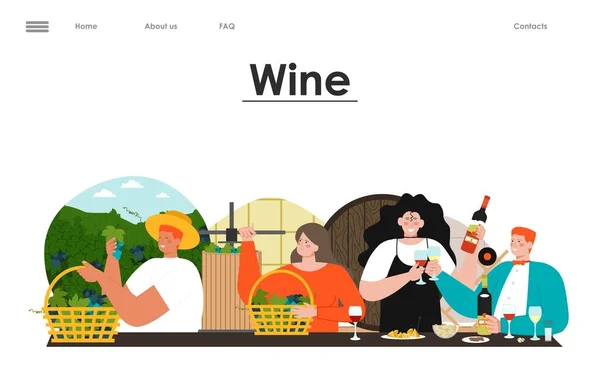 葡萄酒生产和饮酒网站矢量登陆页面模板 带着酒瓶的男人 喝着酒瓶里的酒瓶 品着葡萄 做着葡萄插图 — 图库矢量图片