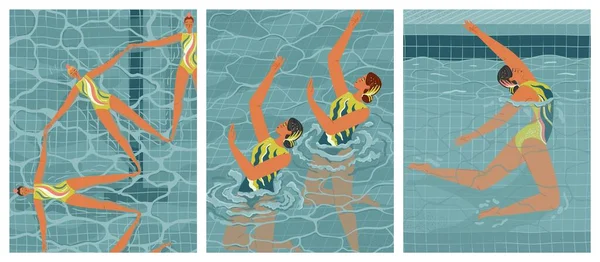 Synchronized swimming vector posters set. Women synchro swimmers work as a team in swimming pool. Water sport competition concept.