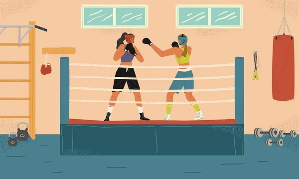 Женщины Боксеры Дерутся Тренируются Спортзале Девушки Бьют Друг Друга Кольцу — стоковый вектор