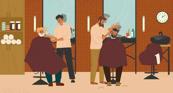 两个理发师在理发店为顾客理发 病媒图解 理发店室内设计与椅子 理发师剪头发 给男人做发型 刮胡子 — 图库矢量图片