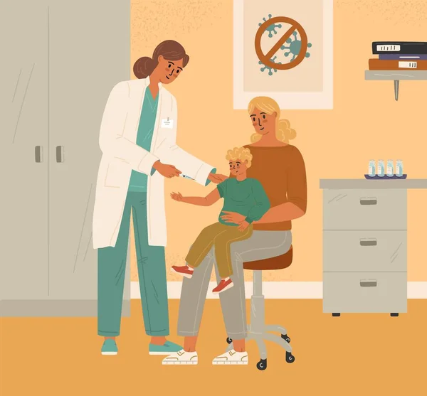 Illustration Des Impfkonzepts Für Familien Kinderarzt Verabreicht Grippeimpfung Ein Kind — Stockvektor