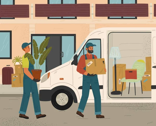 两个搬运工拿着纸板箱和载货卡车 房屋搬迁和搬迁服务概念矢量说明 装有家居用品和家具的送货车 矢量图形