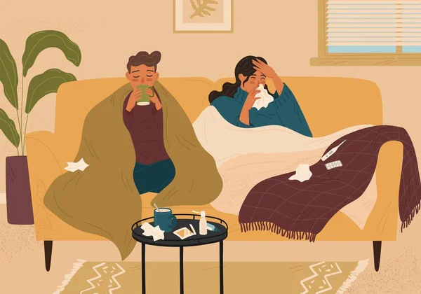 Couple Sick Symptoms Home Vector Illustration Cold Flu Season Woman — Stock Vector